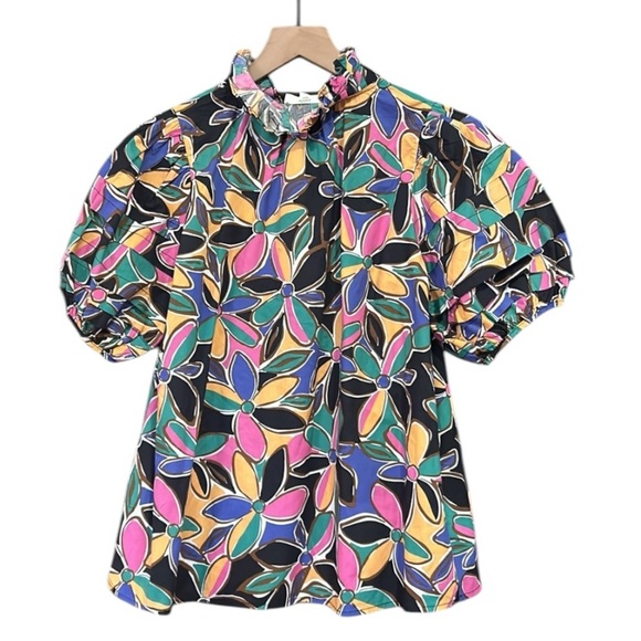 Entro Floral Print Short Puff Sleeve Tiered Detail Blouse In Multi Size Medium - Picture 4 of 12